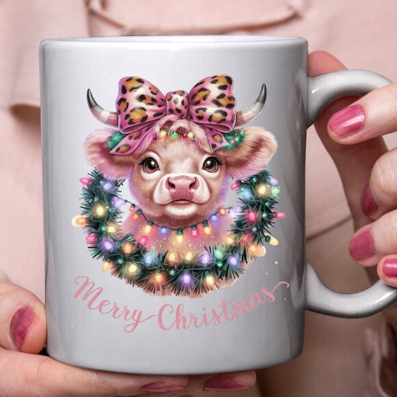 🎄 Pink Cow Merry Christmas 11oz White Ceramic Mug – Perfect Holiday Gift! - Picture 3 of 4